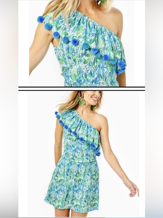 Lilly Pulitzer Dresses & Skirts - Lilly Pulitzer One-Shoulder Pom-Pom romper dress in Blue & Green sz Large